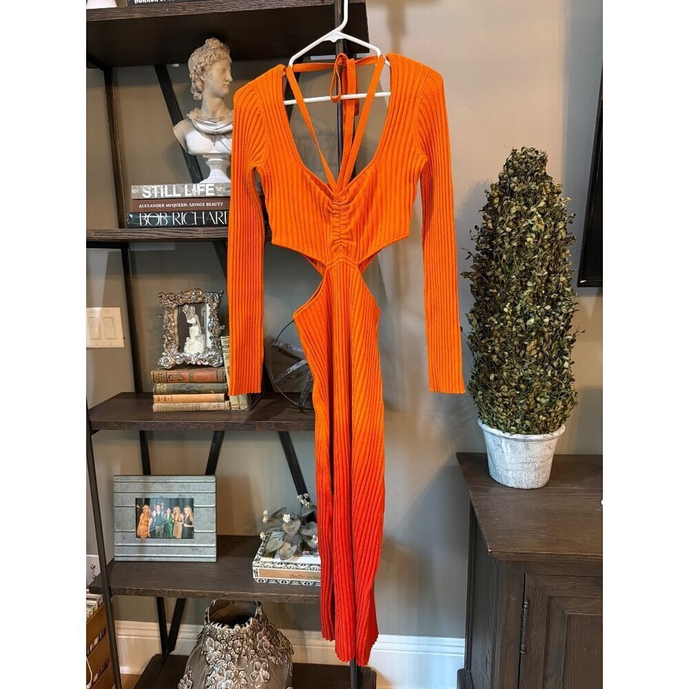 AMUR Araina Knit Cutout Halter Ombre Dip Dye Dress Pumpkin Puree Womens Size Sma